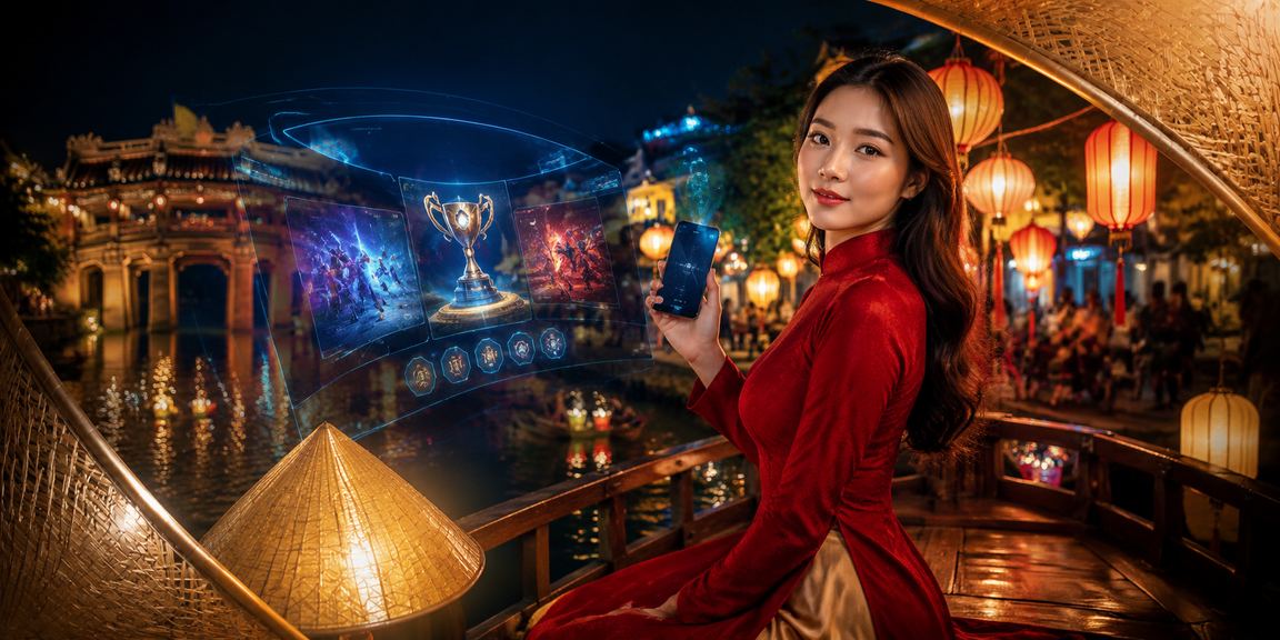 Người dùng theo dõi esports và cá cược thể thao tại Hội An với trang phục áo dài truyền thống