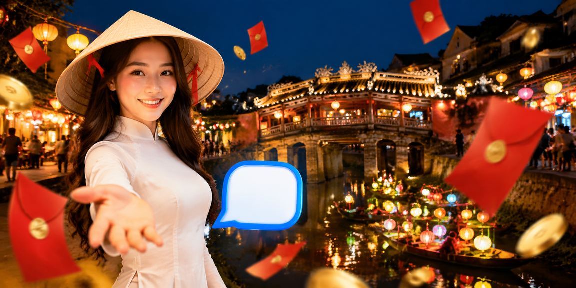 Người chơi nhận thưởng phong bì đỏ tại Hội An trong trang phục nón lá truyền thống